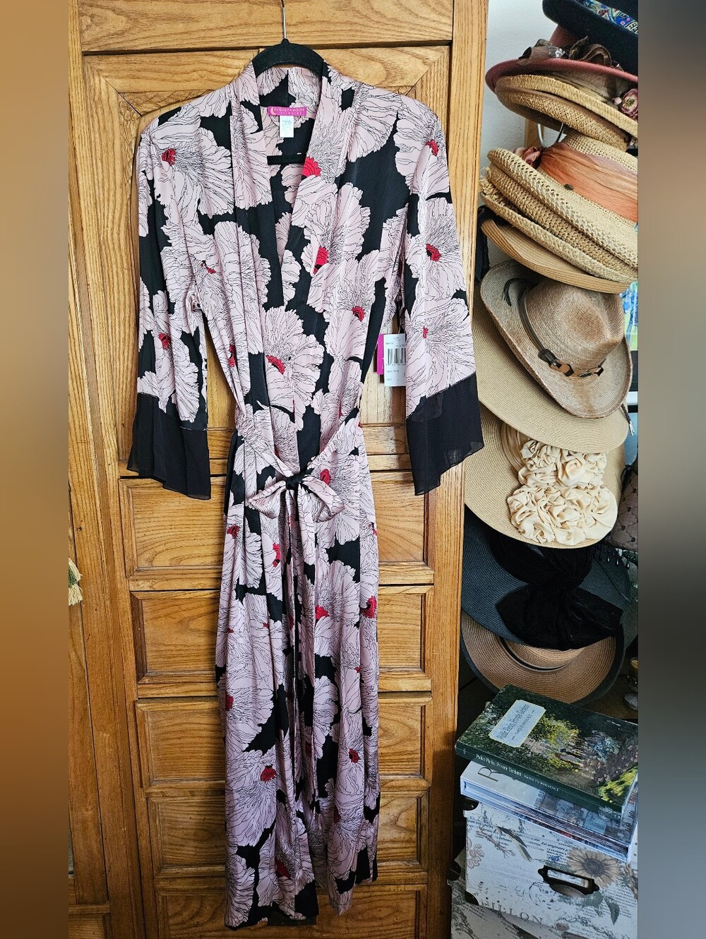 Vintage Y2K August Moon Intimates Black/Pink/Red Silk Robe Large NWT
